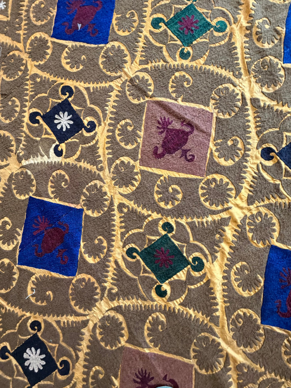 Lattice Motif Cotton Suzani Tablecloth, Boho Vintage Gold Uzbek Textile 7'1'' x 10'8'' - detail 8