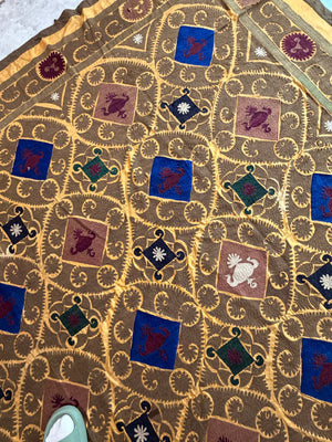 Lattice Motif Cotton Suzani Tablecloth, Boho Vintage Gold Uzbek Textile 7'1'' x 10'8'' - detail 9