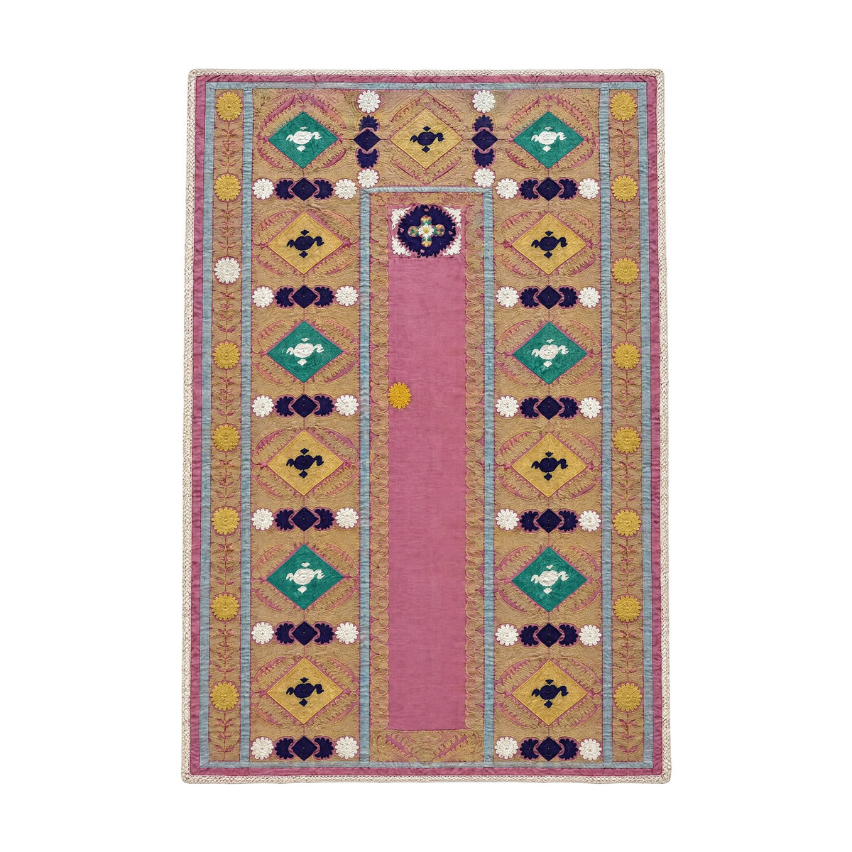 Prayer Niche Cotton Suzani Wall Hanging - Boho Vintage Pink Central Asian Embroidery 4'10'' x 7'5'' - front view