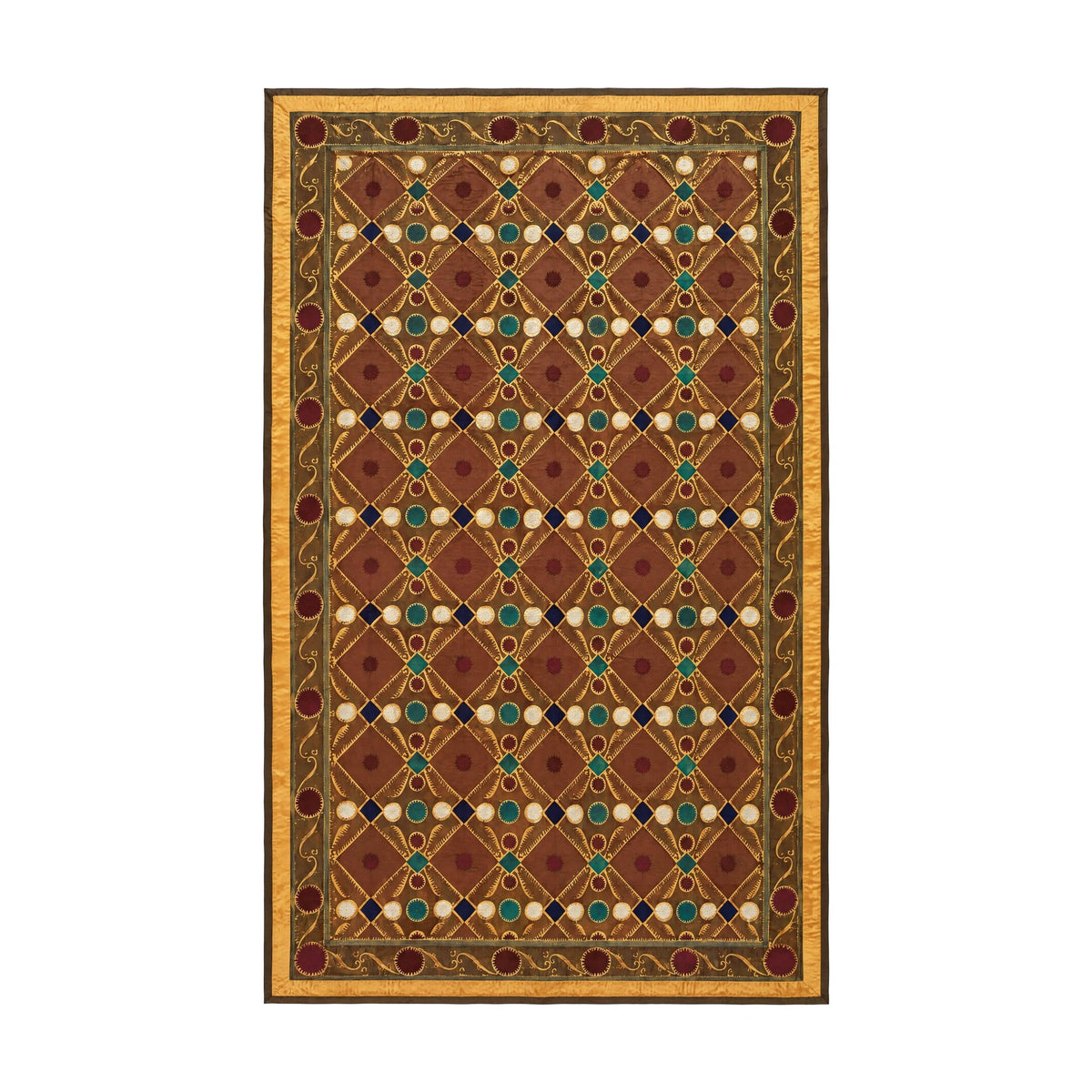 Vintage Brown Cotton Suzani Embroidered Wall Hanging, Lattice Embroidery 7'7'' x 12'2'' - front view
