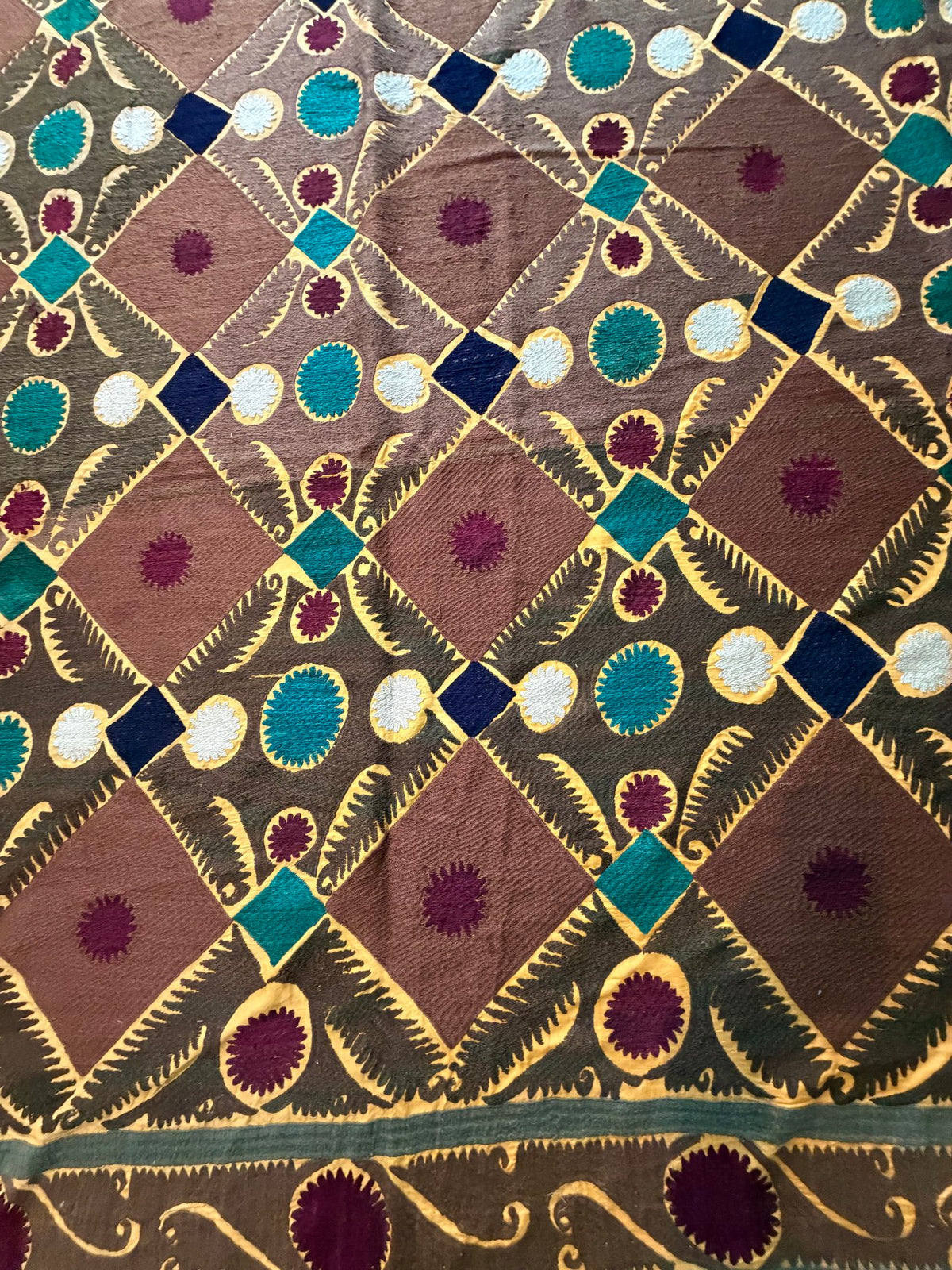 Vintage Brown Cotton Suzani Embroidered Wall Hanging, Lattice Embroidery 7'7'' x 12'2'' - detail 2