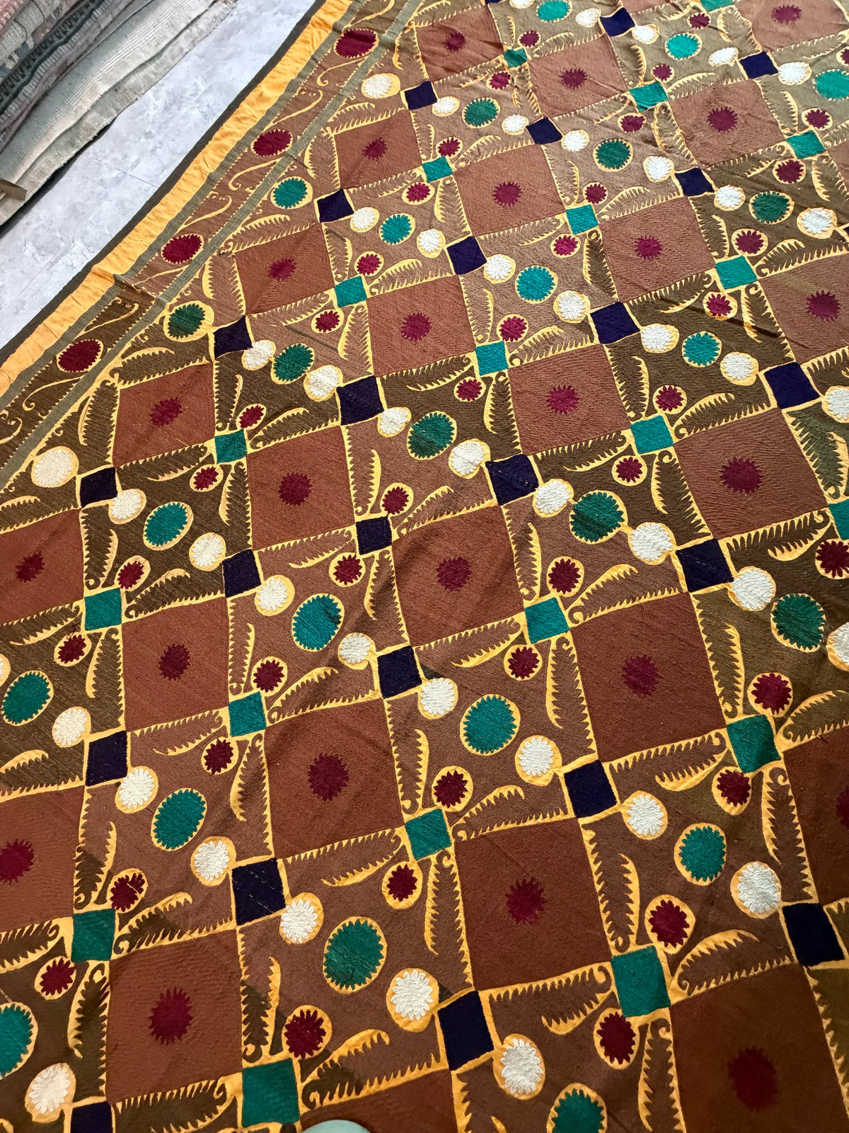 Vintage Brown Cotton Suzani Embroidered Wall Hanging, Lattice Embroidery 7'7'' x 12'2'' - detail 3
