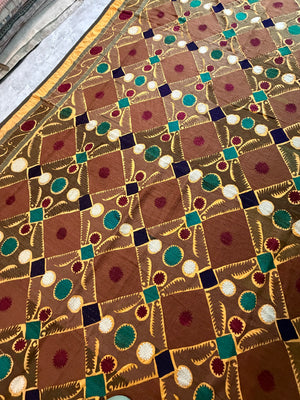 Vintage Brown Cotton Suzani Embroidered Wall Hanging, Lattice Embroidery 7'7'' x 12'2'' - detail 3
