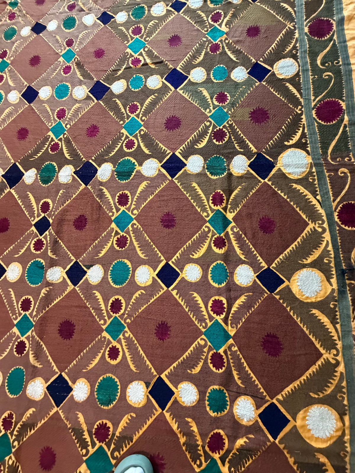 Vintage Brown Cotton Suzani Embroidered Wall Hanging, Lattice Embroidery 7'7'' x 12'2'' - detail 4