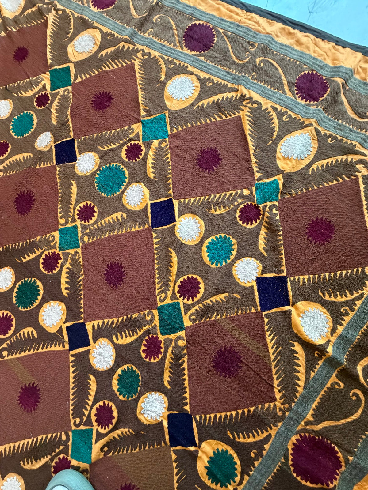 Vintage Brown Cotton Suzani Embroidered Wall Hanging, Lattice Embroidery 7'7'' x 12'2'' - detail 5