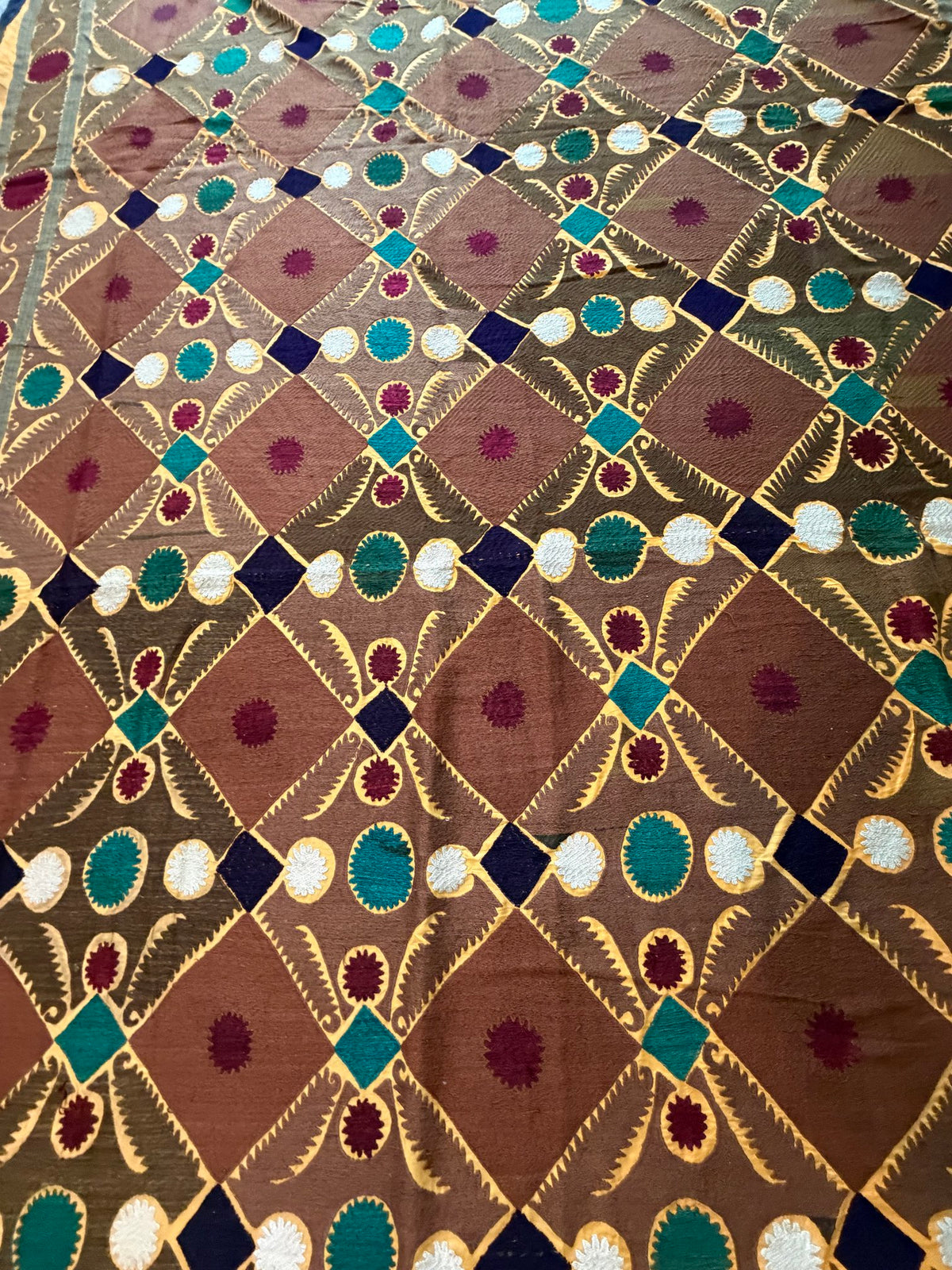 Vintage Brown Cotton Suzani Embroidered Wall Hanging, Lattice Embroidery 7'7'' x 12'2'' - detail 7
