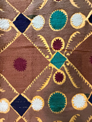 Vintage Brown Cotton Suzani Embroidered Wall Hanging, Lattice Embroidery 7'7'' x 12'2'' - detail 8