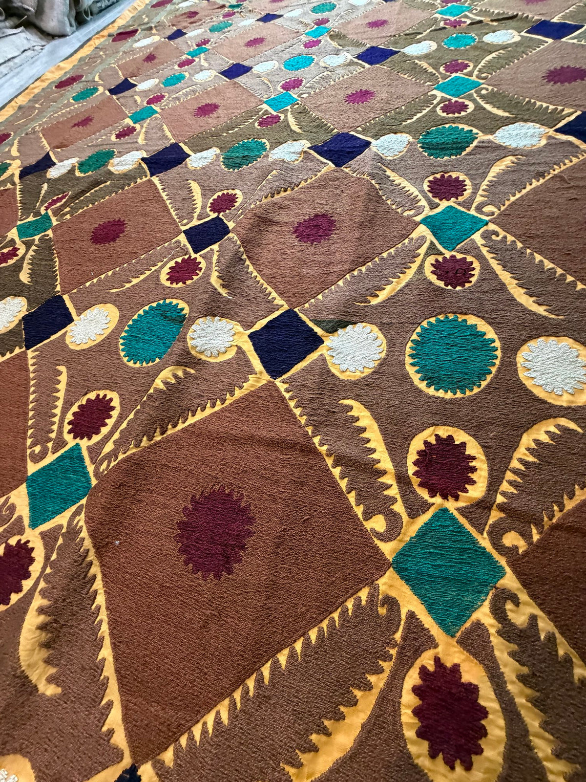 Vintage Brown Cotton Suzani Embroidered Wall Hanging, Lattice Embroidery 7'7'' x 12'2'' - detail 9