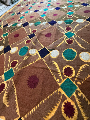 Vintage Brown Cotton Suzani Embroidered Wall Hanging, Lattice Embroidery 7'7'' x 12'2'' - detail 9