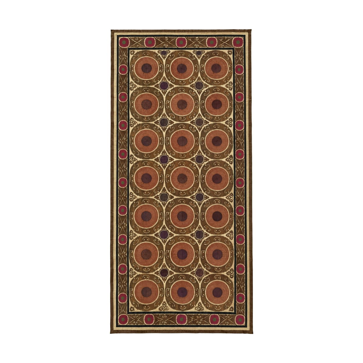 Vintage Embroidered Cotton Suzani Textile Wall Art - Brown Medallion Embroidery 7'3'' x 16'1'' - front view