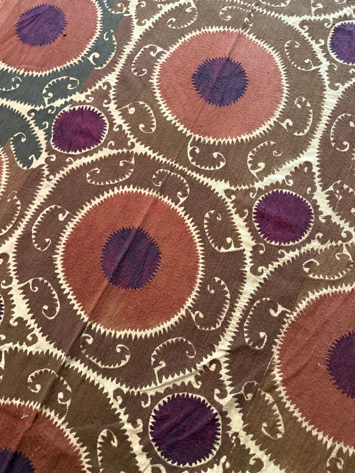 Vintage Embroidered Cotton Suzani Textile Wall Art - Brown Medallion Embroidery 7'3'' x 16'1'' - detail 2
