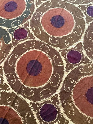 Vintage Embroidered Cotton Suzani Textile Wall Art - Brown Medallion Embroidery 7'3'' x 16'1'' - detail 2