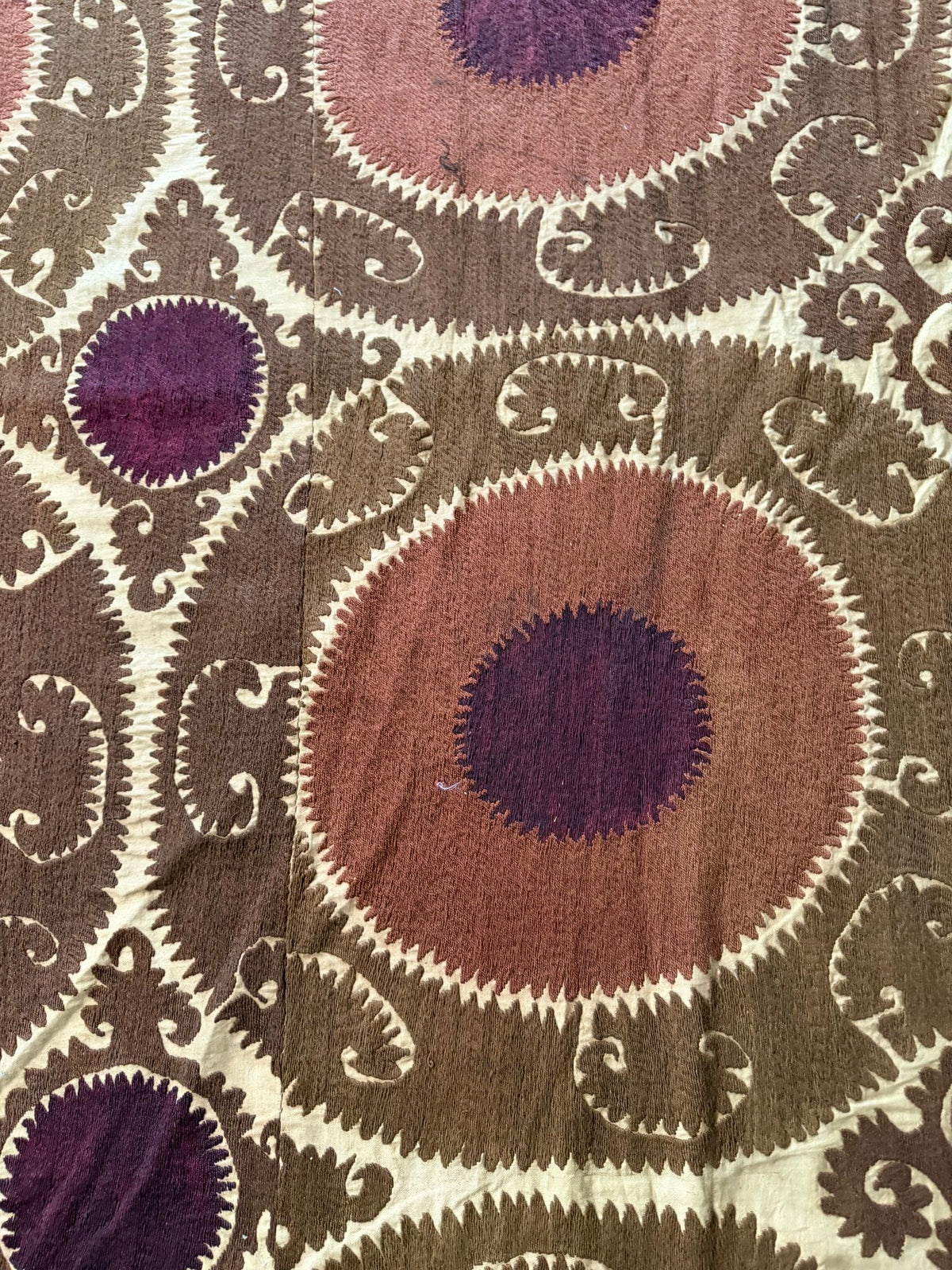 Vintage Embroidered Cotton Suzani Textile Wall Art - Brown Medallion Embroidery 7'3'' x 16'1'' - detail 3