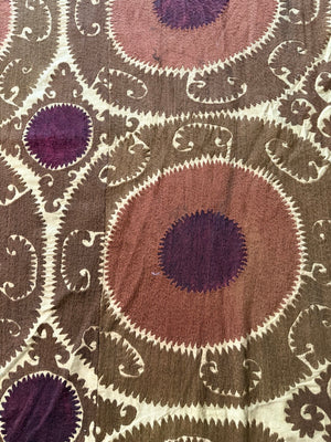 Vintage Embroidered Cotton Suzani Textile Wall Art - Brown Medallion Embroidery 7'3'' x 16'1'' - detail 3