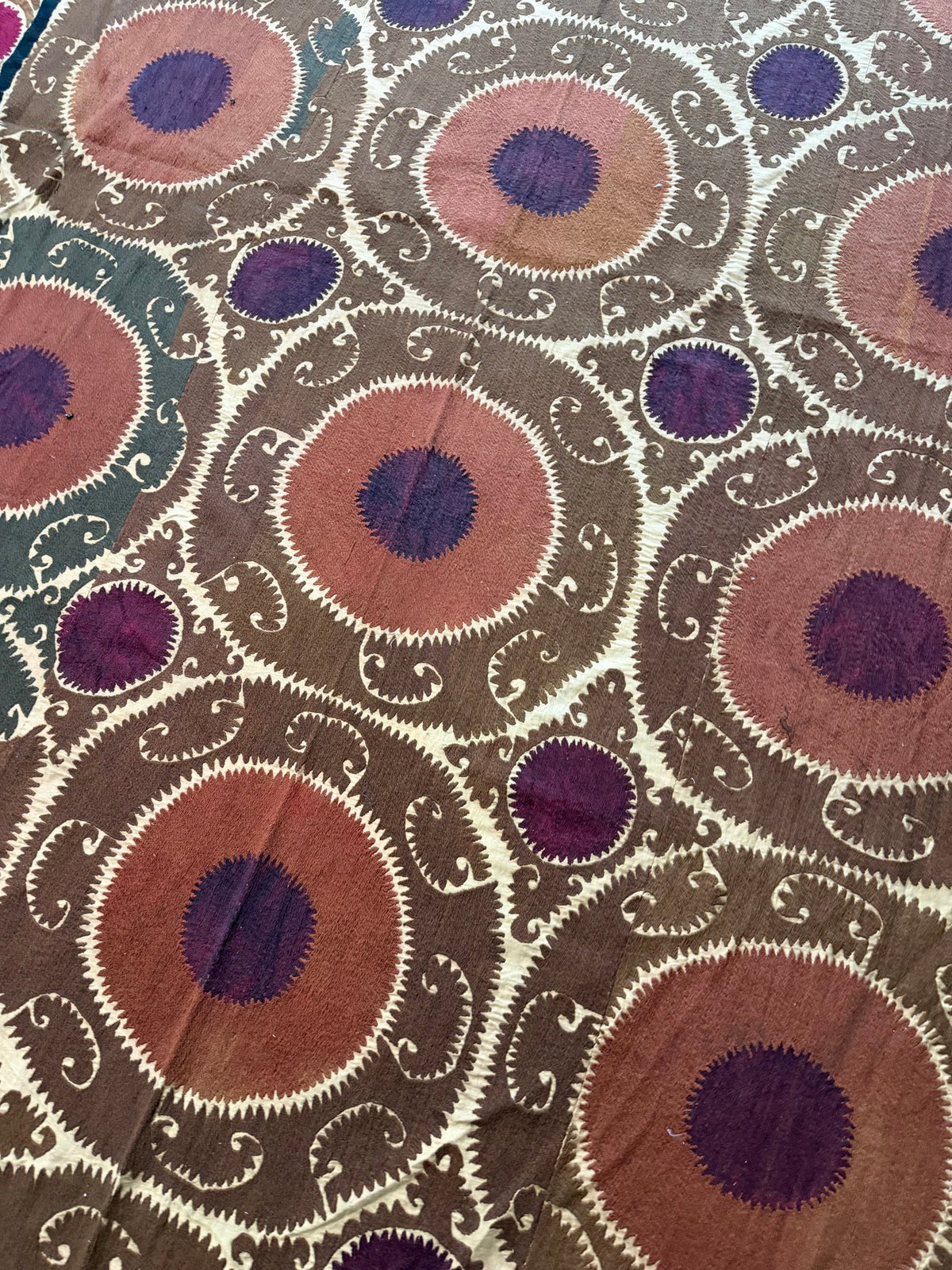 Vintage Embroidered Cotton Suzani Textile Wall Art - Brown Medallion Embroidery 7'3'' x 16'1'' - detail 4