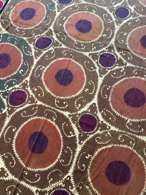 Vintage Embroidered Cotton Suzani Textile Wall Art - Brown Medallion Embroidery 7'3'' x 16'1'' - detail 4