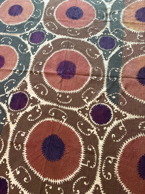 Vintage Embroidered Cotton Suzani Textile Wall Art - Brown Medallion Embroidery 7'3'' x 16'1'' - detail 5