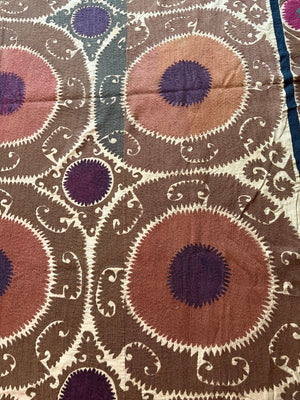 Vintage Embroidered Cotton Suzani Textile Wall Art - Brown Medallion Embroidery 7'3'' x 16'1'' - detail 6
