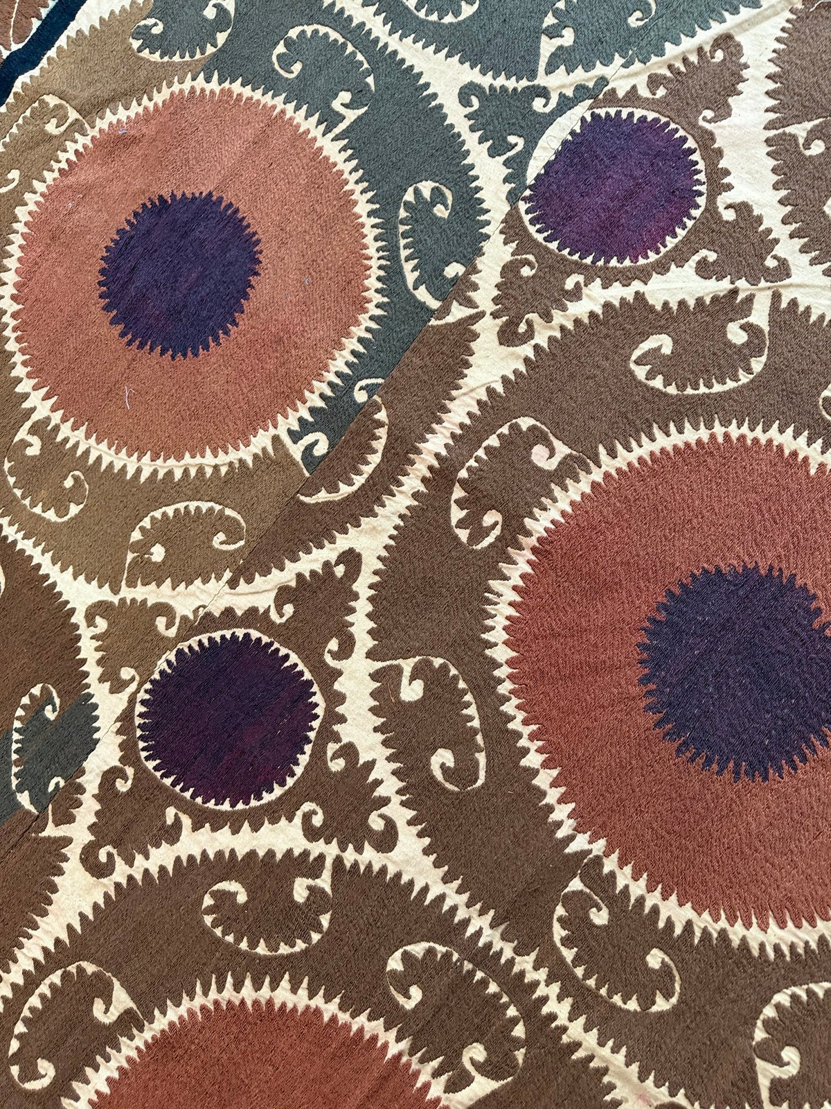 Vintage Embroidered Cotton Suzani Textile Wall Art - Brown Medallion Embroidery 7'3'' x 16'1'' - detail 7