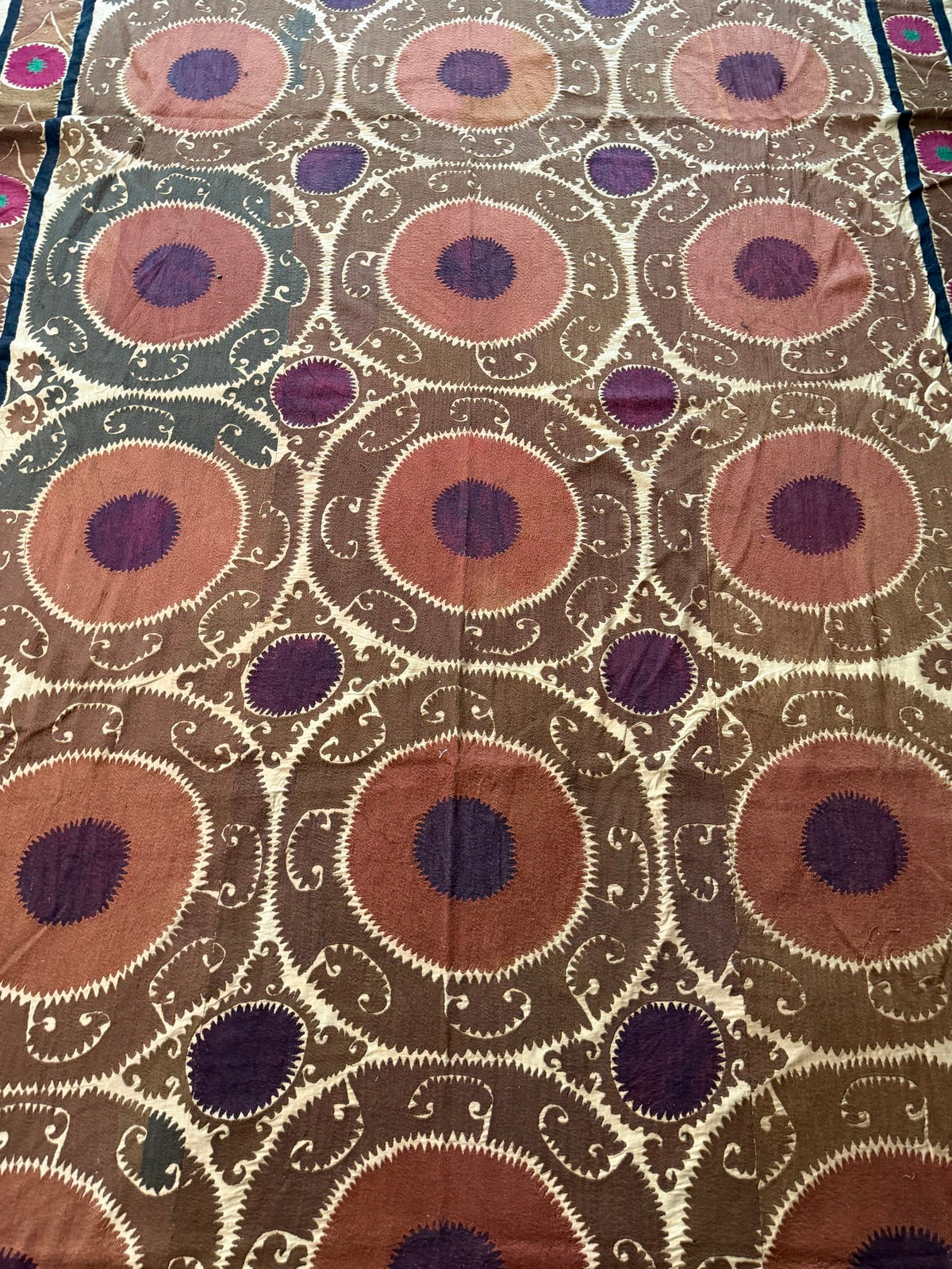 Vintage Embroidered Cotton Suzani Textile Wall Art - Brown Medallion Embroidery 7'3'' x 16'1'' - detail 8