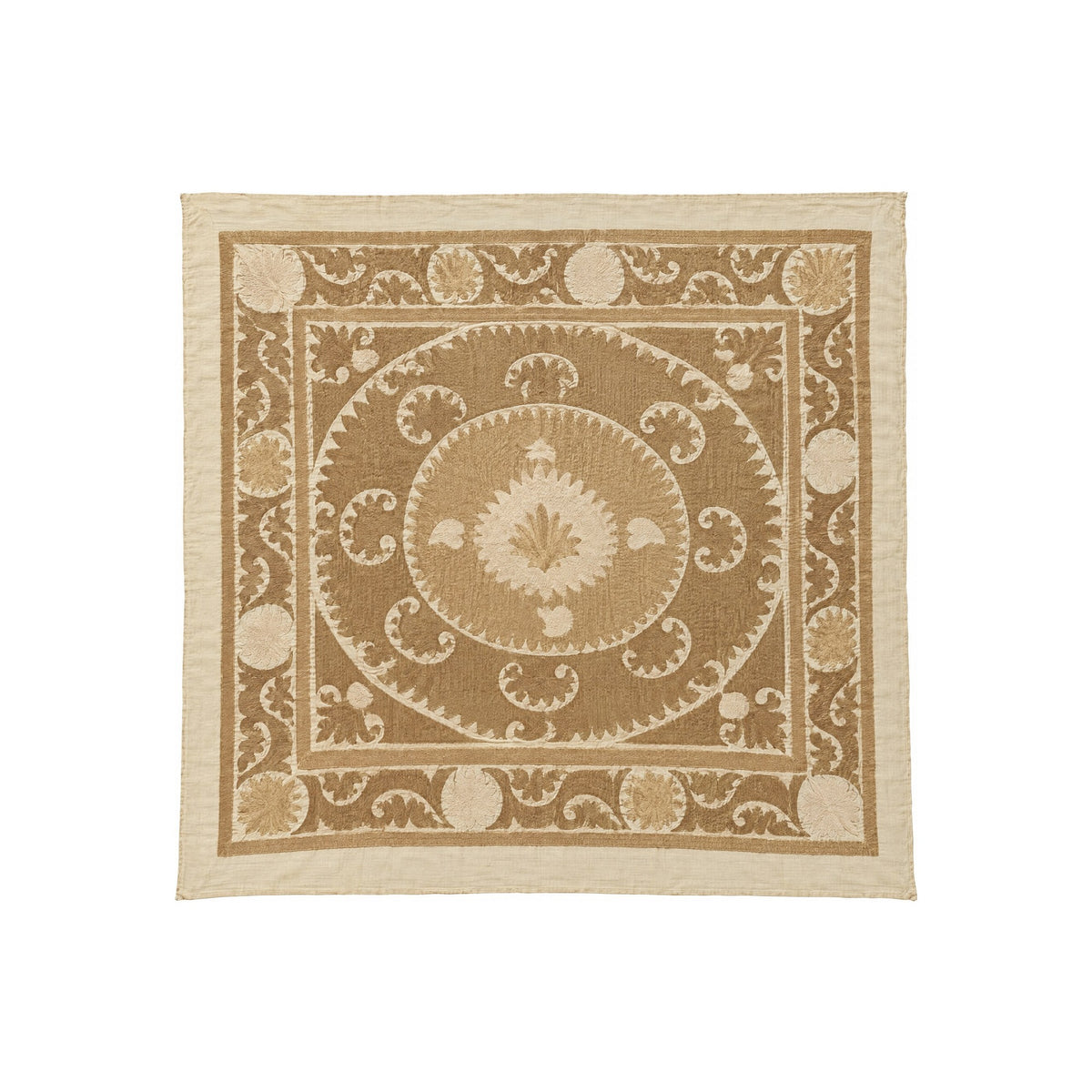 Vintage Beige Cotton Suzani Textile Wall Art - Medallion Embroidery, Samarkand Textile 4'11'' x 5'1'' - front view