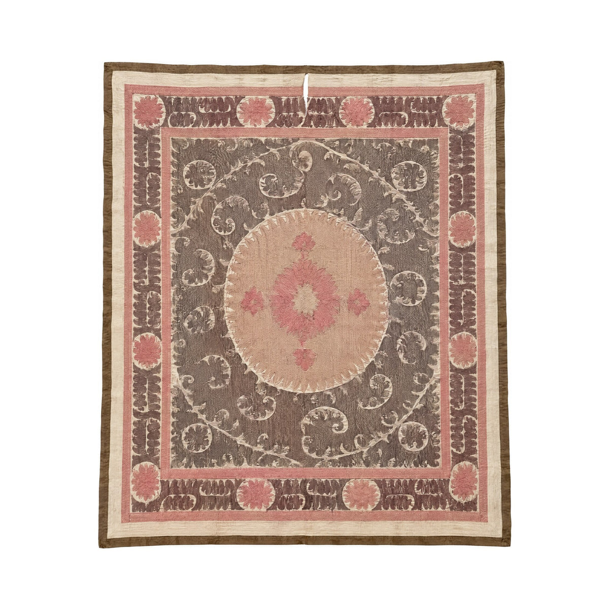 Medallion Cotton Suzani Tapestry - Decorative Vintage Brown Central Asian Embroidery 4'4'' x 5'4'' - front view