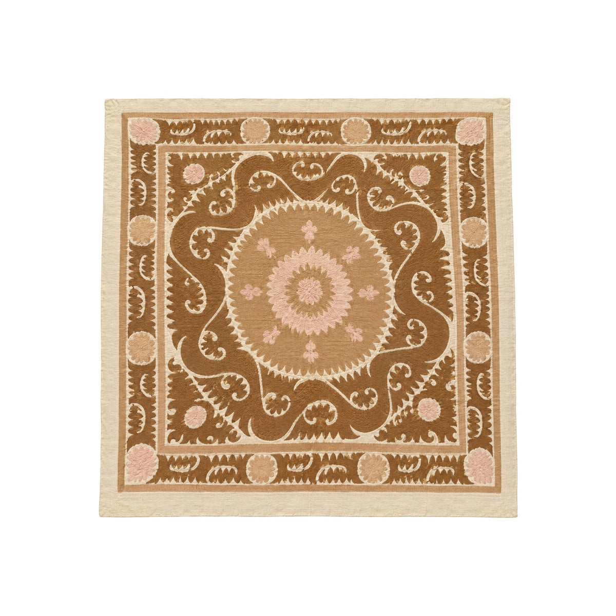 Hand-Embroidered Vintage Beige Cotton Suzani Wall Hanging Decor - Medallion Embroidery, Central Asian Textile 5'1'' x 5'3'' - front view