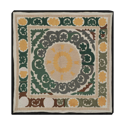 Suzani Table Cover, Tribal Embroidery Wall Decor, Suzani Bedspread, Ethnic Fabric, Faded Yellow Vintage Table Cloth 4'4'' x 4'7''