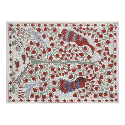 Vintage White Folk Art Pictorial Suzani From Uzbekistan, Tree of Life Peacock Design Suzani Tablecloth, Wall Hanging Tapestry 4'9'' x 6'7''