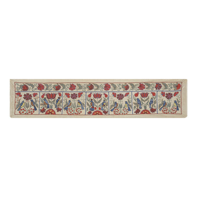 Silk Suzani Table Runner With Animal Design, Suzani Textile, Beige Pictorial Suzani Wall Hanging Decor 1'10'' x 7'1''