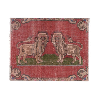 Vintage Faded Turkish Double Lion Rug 3'4'' X 4'2''