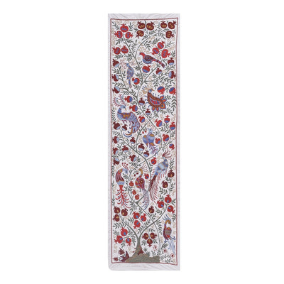 1960s White Silk on Silk Suzani Runner With Animal Motifs, C.Asian Suzani Bird Table Runner Textile, Embroidered Tapestry 1'10''x 6'2''