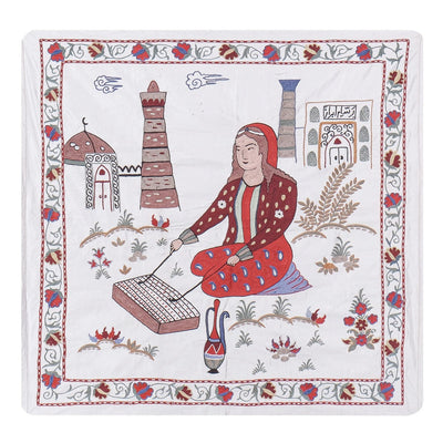 Silk Suzani Human Pictorial Tapestry, Suzani Village Design Wall Hanging Decor, Uzbek Embroidery Tapestry 2'11'' x 2'12''
