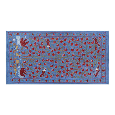 Silk Suzani Blue Table Runner With Pomegranate Design, Animal Pictorial Samarkand Wall Decor 3'6'' x 6'3''