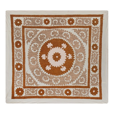 Suzani Wall Hanging Decor - Pastel Suzani Table Cloth - Uzbek Embroidery Neutral Textile, Neutral Boho Bedspread 4'1'' x 4'7''