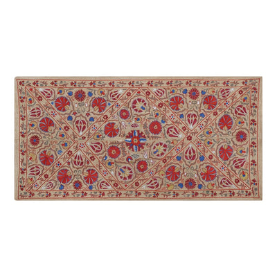Embroidered Silk Suzani Table Runner with Tulip Motifs , Eclectic Silk Suzani Tablecloth and Coverlet, Wall Decor 3'3'' x 6'5''