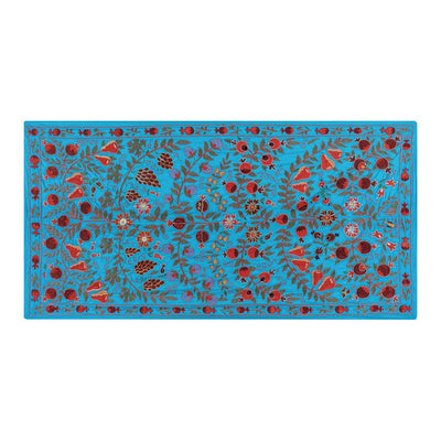 1960s Silk Suzani Blue Runner With Tree of Life Pattern, Vintage Suzani Table Cloth Textile, Embroidered Tapestry or Bed Cover 3'5'' x 6'5''