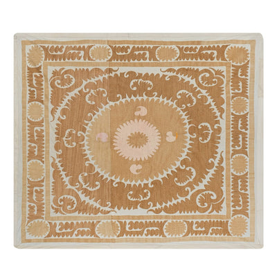 Suzani Wall Hanging Decor - Tan Suzani Table Cloth - Uzbek Embroidery Neutral Textile, Neutral Boho Bedspread, Ethnic Tapestry 4'8'' x 5'1''