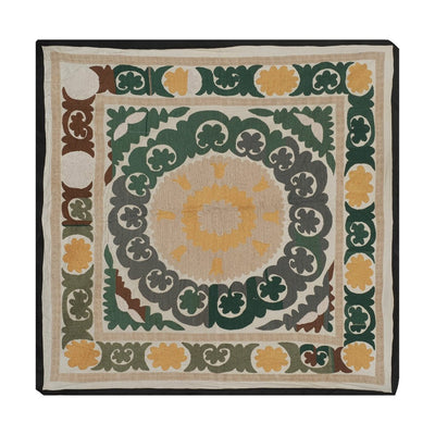 Suzani Table Cover, Tribal Embroidery Wall Decor, Suzani Bedspread, Ethnic Fabric, Faded Yellow Vintage Table Cloth 4'4'' x 4'7''