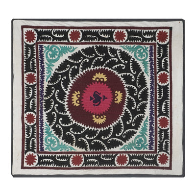 Suzani Tapestry - Pink Bukhara Uzbek Table Cloth - Tribal Embroidery Wall Decor, Vintage Suzani Bedspread 4' x 4'5''