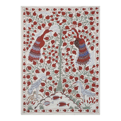 Vintage White Folk Art Pictorial Suzani From Uzbekistan, Tree of Life Peacock Design Suzani Tablecloth, Wall Hanging Tapestry 4'9'' x 6'7''