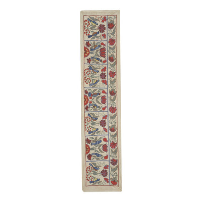 Silk Suzani Table Runner With Animal Design, Suzani Textile, Beige Pictorial Suzani Wall Hanging Decor 1'10'' x 7'1''