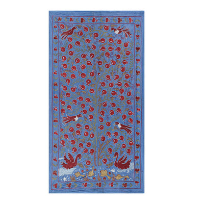 Silk Suzani Blue Table Runner With Pomegranate Design, Animal Pictorial Samarkand Wall Decor 3'6'' x 6'3''