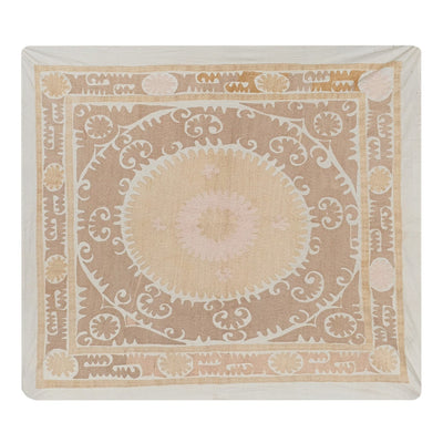 Suzani White Washed Tribal Tapestry - Pink Uzbek Table Cloth - Tribal Embroidery Wall Decor, Interior Designer Home Decor 4'3'' x 4'6''