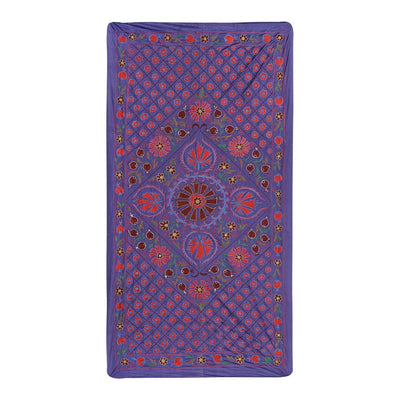 Silk Purple Suzani Table Runner, Colourful Suzani Wall Hanging and Tablecloth, Hand Embroidered Ethnic Bed Cover 3'5'' x 6'4'