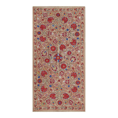 Embroidered Silk Suzani Table Runner with Tulip Motifs , Eclectic Silk Suzani Tablecloth and Coverlet, Wall Decor 3'3'' x 6'5''