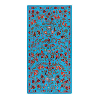 1960s Silk Suzani Blue Runner With Tree of Life Pattern, Vintage Suzani Table Cloth Textile, Embroidered Tapestry or Bed Cover 3'5'' x 6'5''