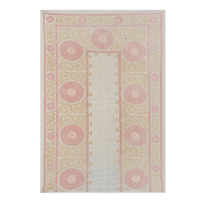 Vintage Pink Suzani From Samarkand, Neutral Color Suzani Bedspread, Wall Hanging Decor, Pastel Vintage Textile 5'1'' x 7'7''