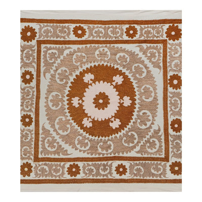 Suzani Wall Hanging Decor - Pastel Suzani Table Cloth - Uzbek Embroidery Neutral Textile, Neutral Boho Bedspread 4'1'' x 4'7''