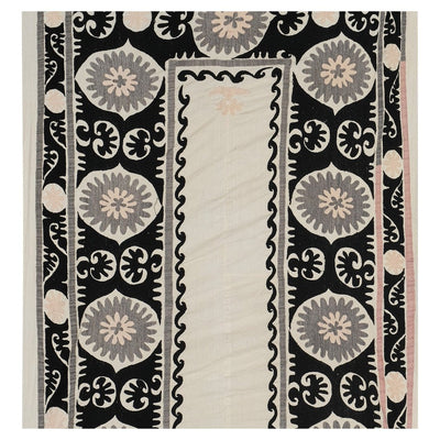 Suzani Pink Tapestry - Muted Color Uzbek Table Cloth - Pastel Tan Tribal Embroidery Wall Decor, Vintage Suzani Bedspread 5'3'' x 7'1''